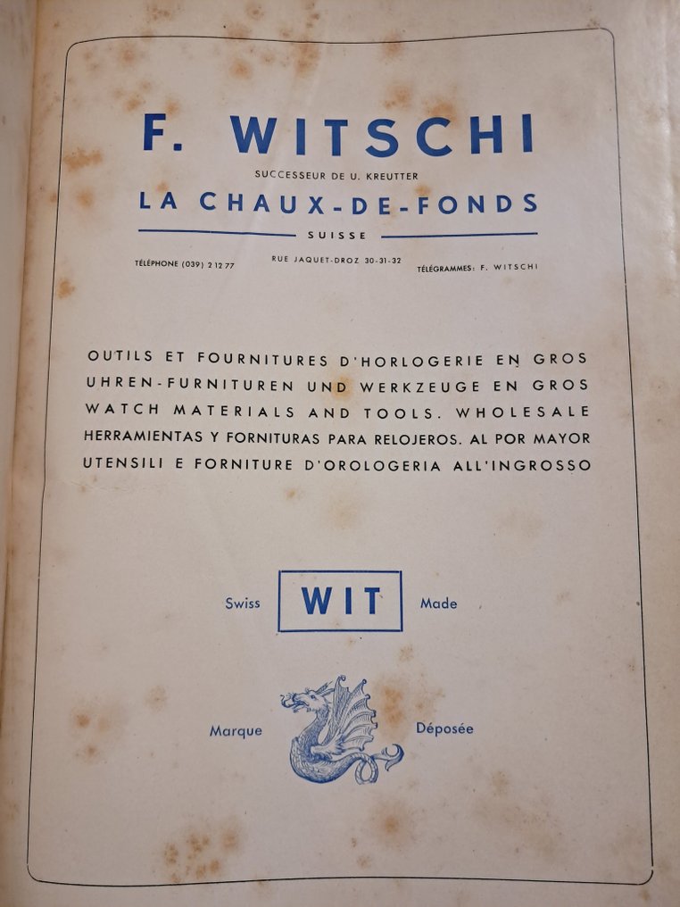 F. Witschi - Outils et Fournitures d'Horolgerie en Gros. Uhren - Furnituren und Werkzeuge en Gros. - 1953 #2.1