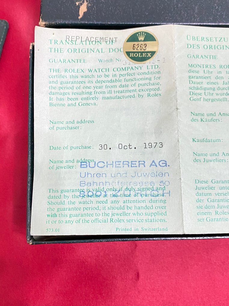 Rolex - Daytona 6263 Paul Newnan Box and Guarantee replacement Bucherer Zurich 1973 #3.2