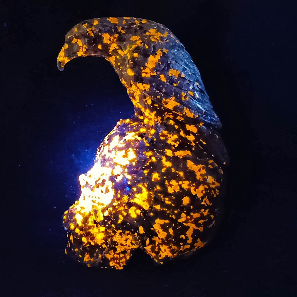 Crow sculpture on skull, hand-carved from Yoperlita crystal (a variety of Sodalite). Superrealist Series (AAA+++) - Height: 170 mm - Width: 120 mm- 1812 g #1.0