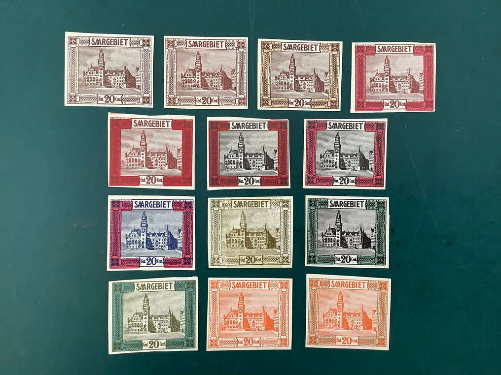 Saargebiet 1922 - 20 Cent Sint-Johann: 13 verschiedene ungetande Proben - Michel 88P #3.2