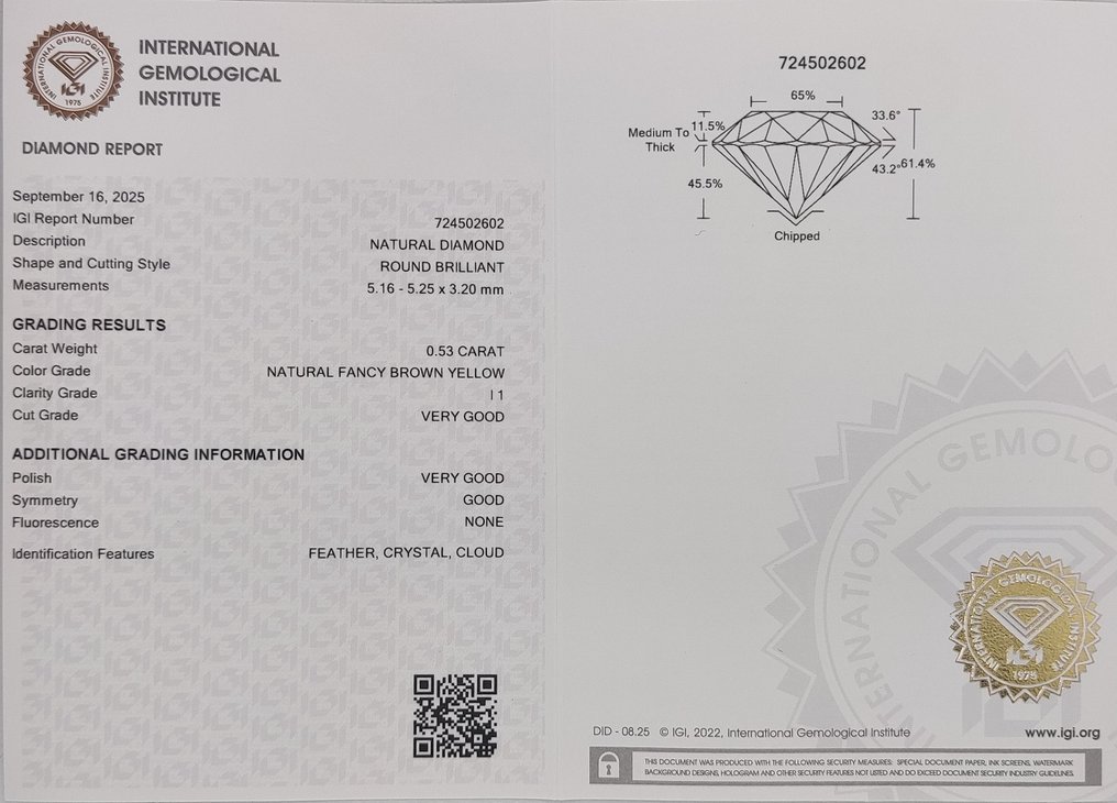 没有保留价 - 1 pcs 钻石 (天然色彩的) - 0.53 ct - 圆形 - Fancy 棕色 黄色 - I1 内含一级 - 国际宝石研究院(IGI) #4.3