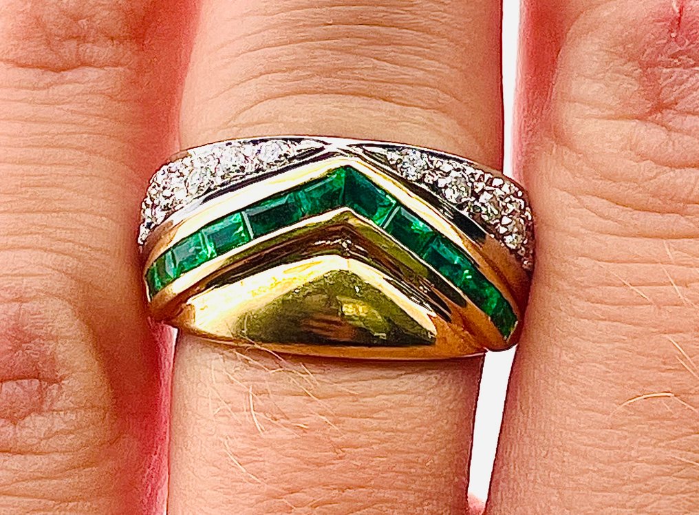 戒指 - 18 克拉 黃金 祖母綠 - 鉆石 #2.1
