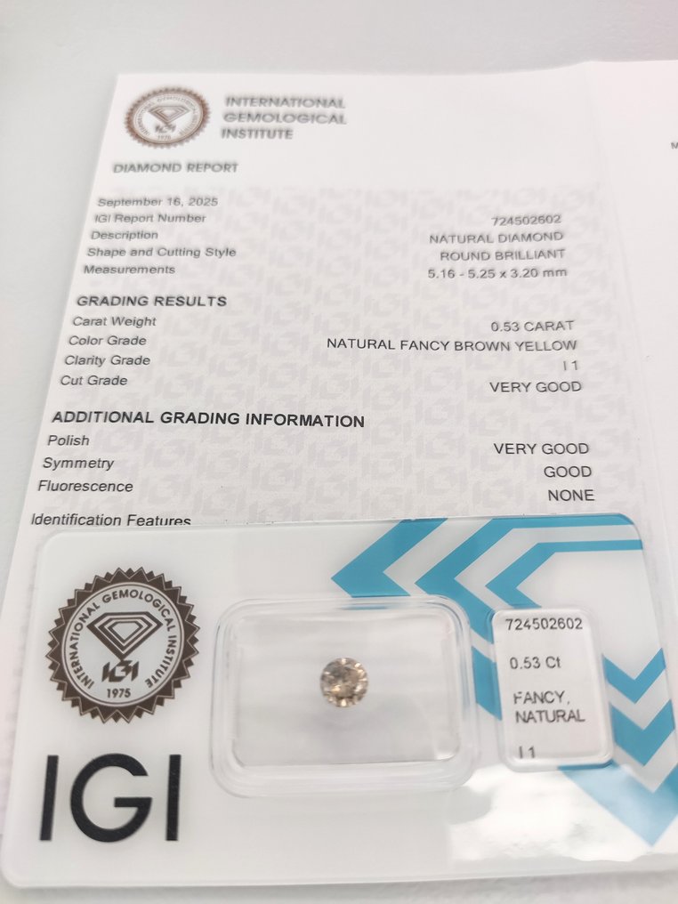 没有保留价 - 1 pcs 钻石 (天然色彩的) - 0.53 ct - 圆形 - Fancy 棕色 黄色 - I1 内含一级 - 国际宝石研究院(IGI) #3.2