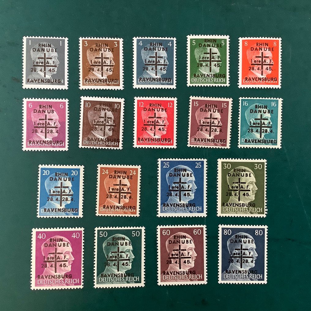 德國 - 當地郵政區 1945 - Ravensberg：未发行的印有Ravensburg字样的邮票 - Michel I/IV en VI/XII #3.2