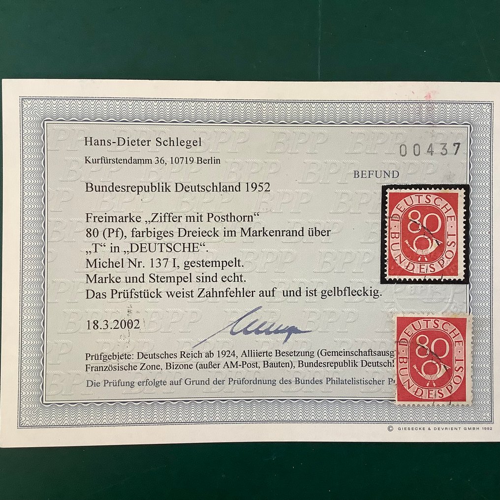 Deutschland, Bundesrepublik 1952 - 80 Pf Posthoorn mit Plattenfehler und Befund Schlegel. - Michel 137 I #1.0