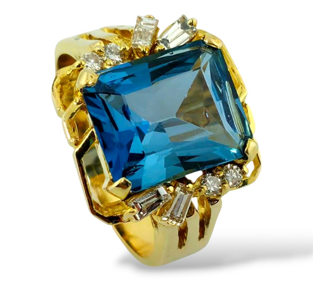 戒指 - 14K包金 黄金, 14k黄金祖母绿切割蓝托帕石配0.44ctw光环钻石鸡尾酒戒指 - 0.20ct. tw. 黄宝石 - 钻石 #4.3