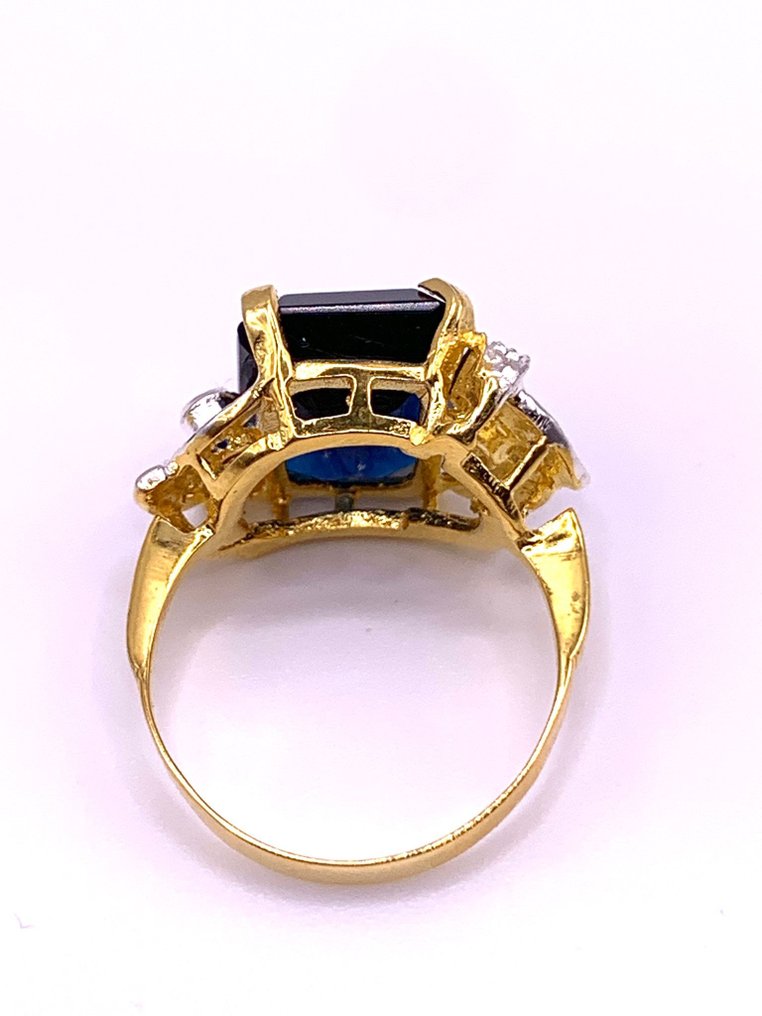Zonder minimumprijs - Statement ring - 9 kt. Geel goud, Zilver Saffier - Saffier - diamanten #4.3