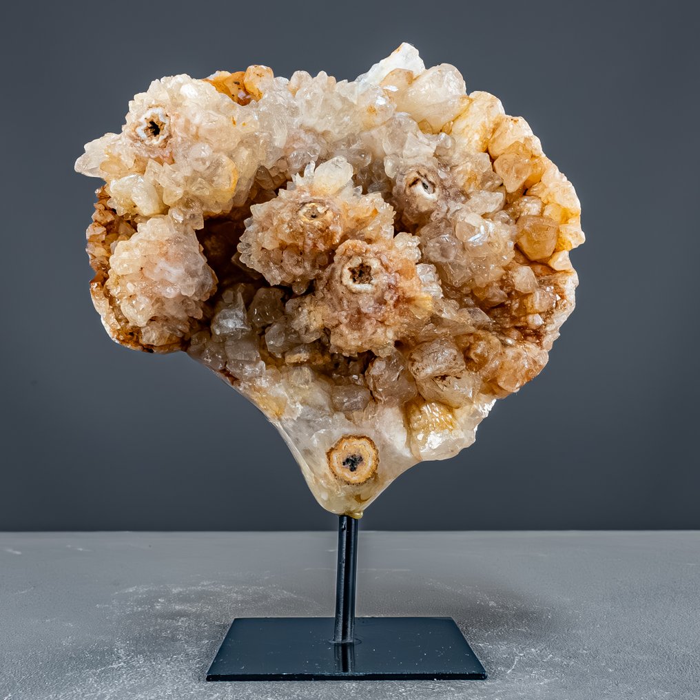 Special quartz on a stand with distinctive calcite rosettes. Druse on Stand, Brazil- 2332.12 g #1.0