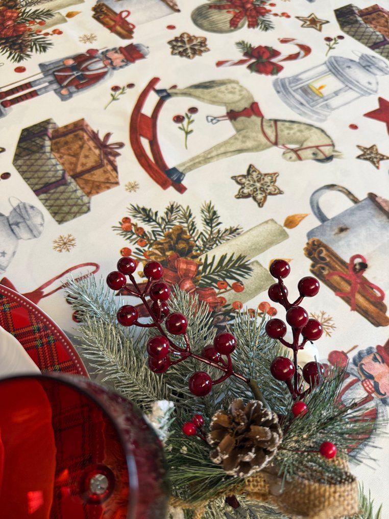 Christmas tablecloth for large gatherings with a nutcracker and traditional Christmas decorations. - Tablecloth - 1.8 m - 1.4 m #4.3