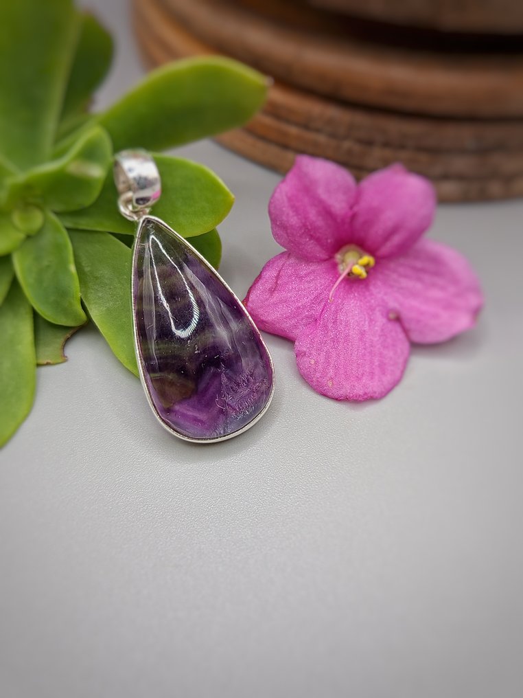 Pezzo Unico Gioiello in Argento 925 con Fluorite Multicolor Top Quality - Altezza: 40 mm - Larghezza: 16 mm- 8.2 g - (1) #4.3