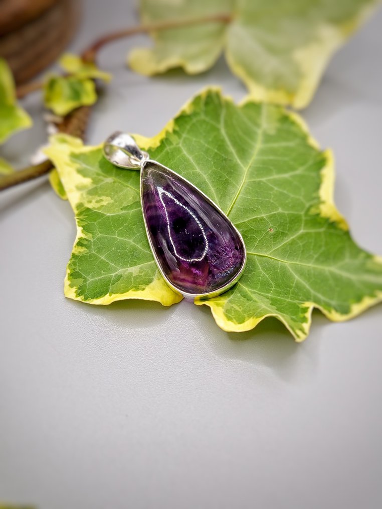 Pezzo Unico Gioiello in Argento 925 con Fluorite Multicolor Top Quality - Altezza: 40 mm - Larghezza: 16 mm- 8.2 g - (1) #1.0