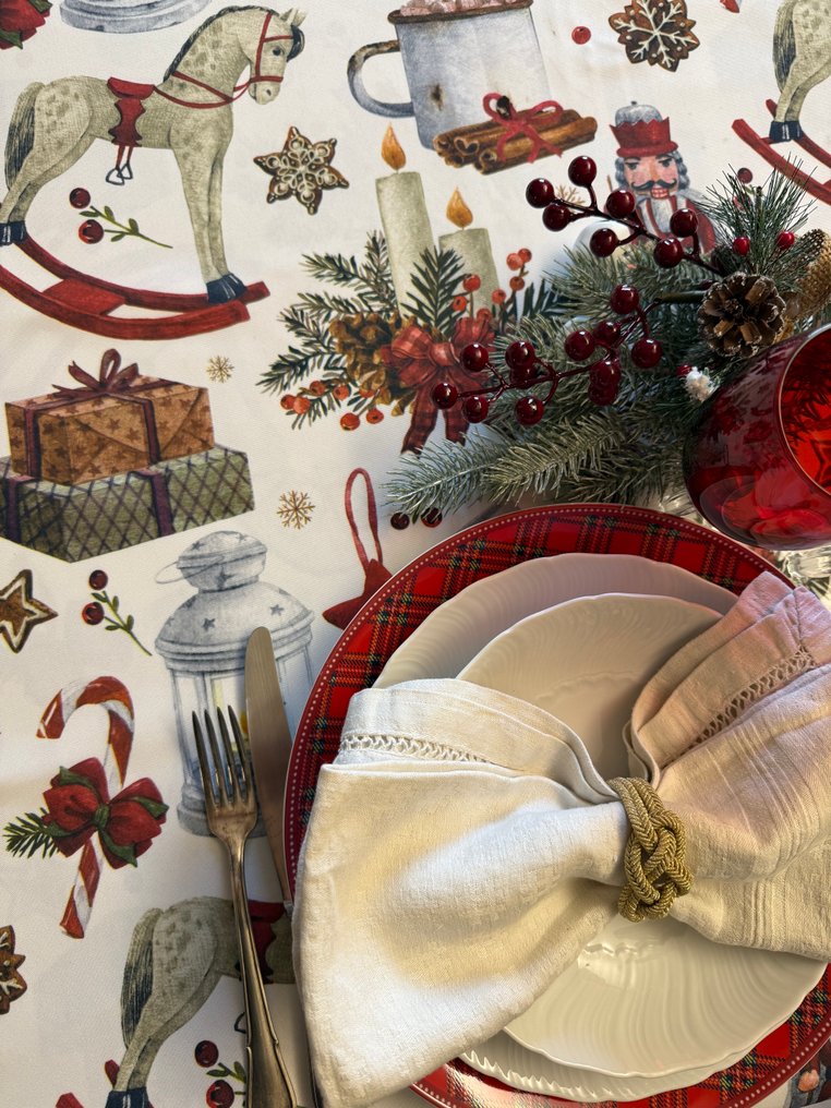 Christmas tablecloth for large gatherings with a nutcracker and traditional Christmas decorations. - Tablecloth - 1.8 m - 1.4 m #3.2