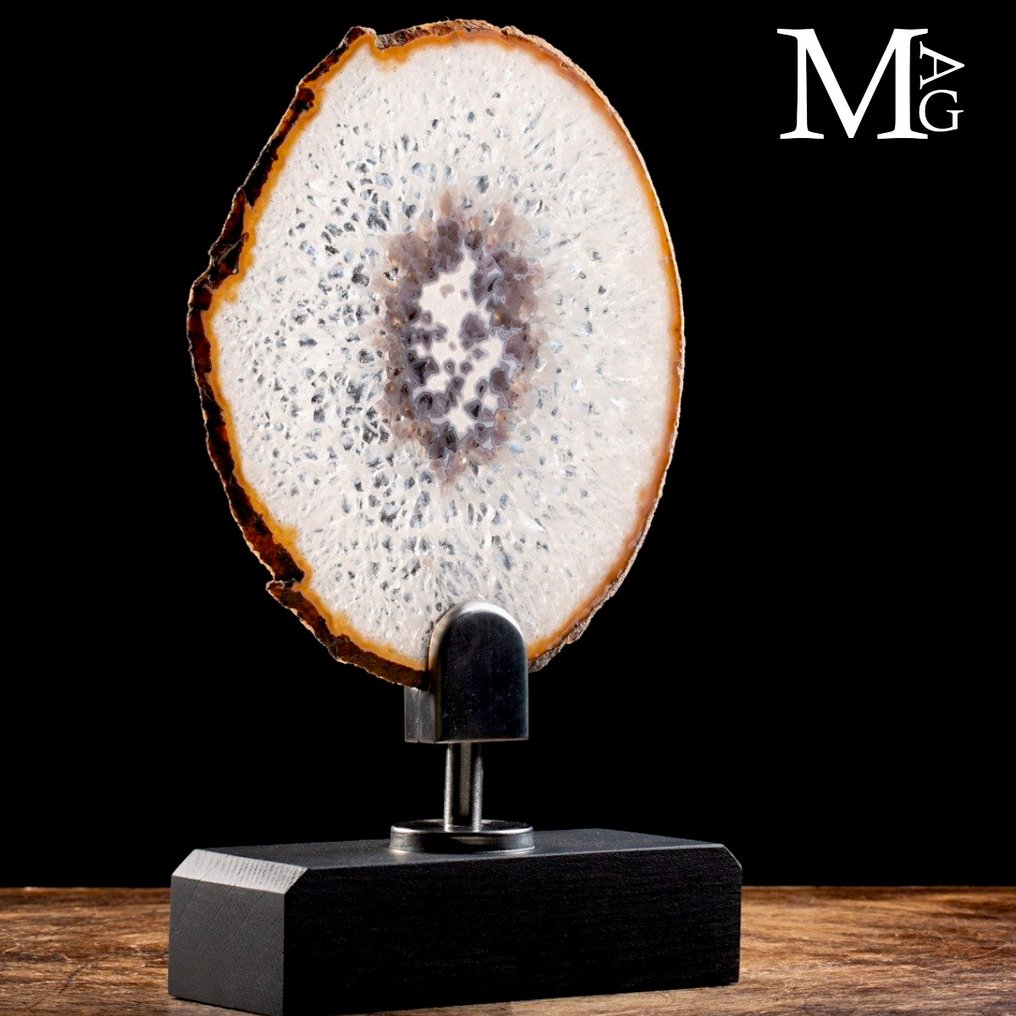 奢华室内设计 - 水晶玛瑙切片 - 木质与钢制艺术底座 - 高度: 370 mm - 宽度: 225 mm- 1551 g #1.0