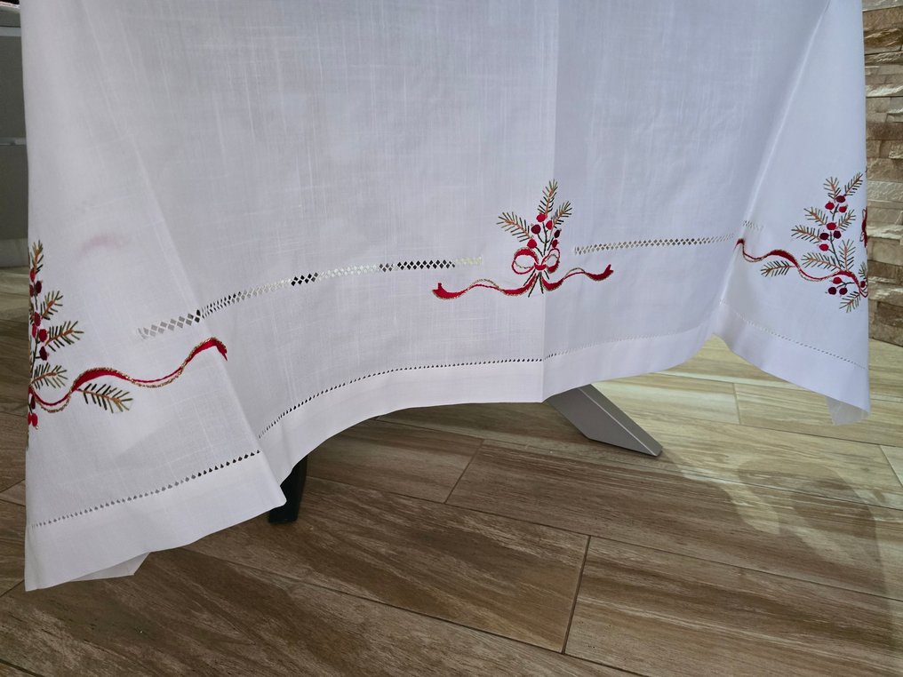 Elegante Tovaglia Natalizia ricamata a mano su misto lino Gran misura 175x310 cm tablecloth - Duk  - 310 cm - 175 cm #4.3