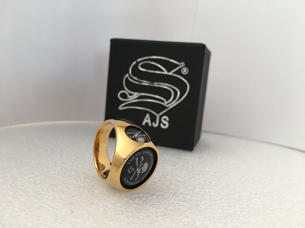 AJS - Unikt Håndlavet Sjældent Memento Mori Latin Skull Hypoallergenic Surgical Steel + 24kt Gold - Ring #2.1