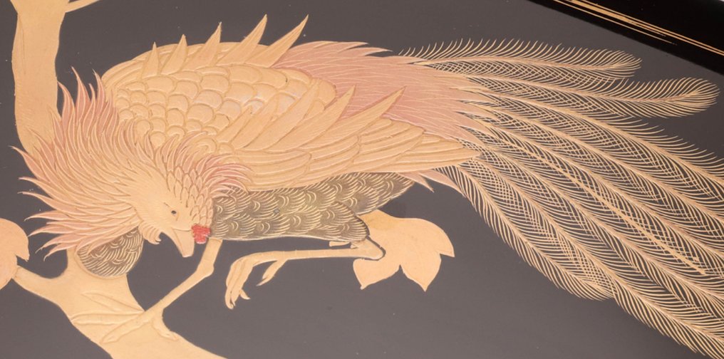 托盘 - 精美大型古董黑漆宽托盘，设计有美丽的凤凰蒔絵 - 木, 金 - 凤凰/鸟/花 #2.1