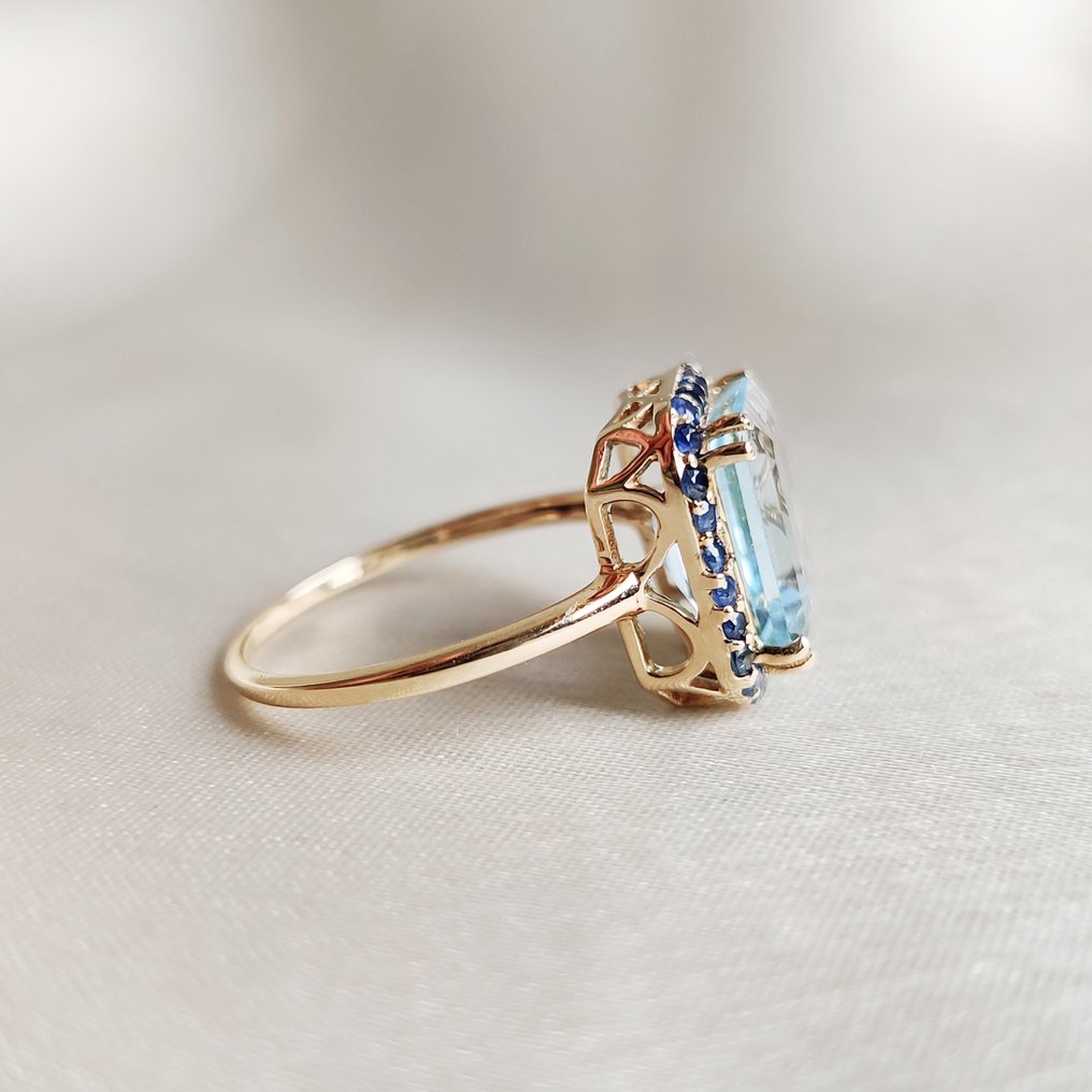 结婚戒指 - 14K包金 黄金 -  4.65ct. tw. 黄宝石 - 蓝宝石 - 蓝色黄玉蓝宝石戒指 #4.3