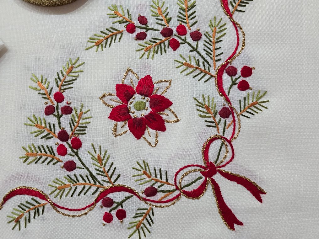 Elegante Tovaglia Natalizia ricamata a mano su misto lino Gran misura 175x310 cm tablecloth - Duk  - 310 cm - 175 cm #2.1