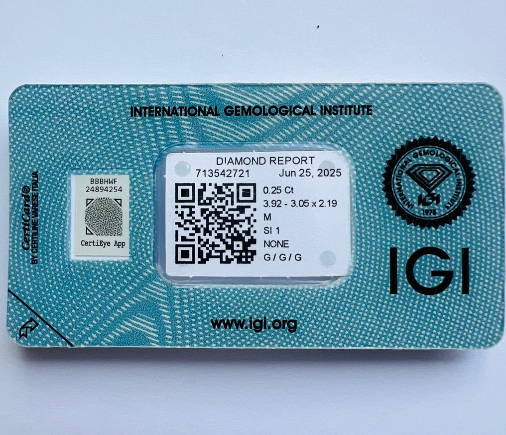 没有保留价 - 1 pcs 钻石  (天然)  - 0.25 ct - 矩形 - M - SI1 微内含一级 - 国际宝石研究院（IGI） - 法国面包 #1.0