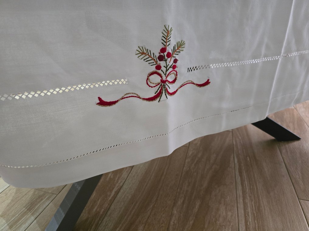 Elegante Tovaglia Natalizia ricamata a mano su misto lino Gran misura 175x310 cm tablecloth - Duk  - 310 cm - 175 cm #3.2