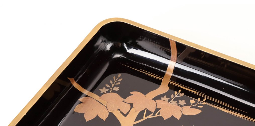 托盘 - 精美大型古董黑漆宽托盘，设计有美丽的凤凰蒔絵 - 木, 金 - 凤凰/鸟/花 #1.0