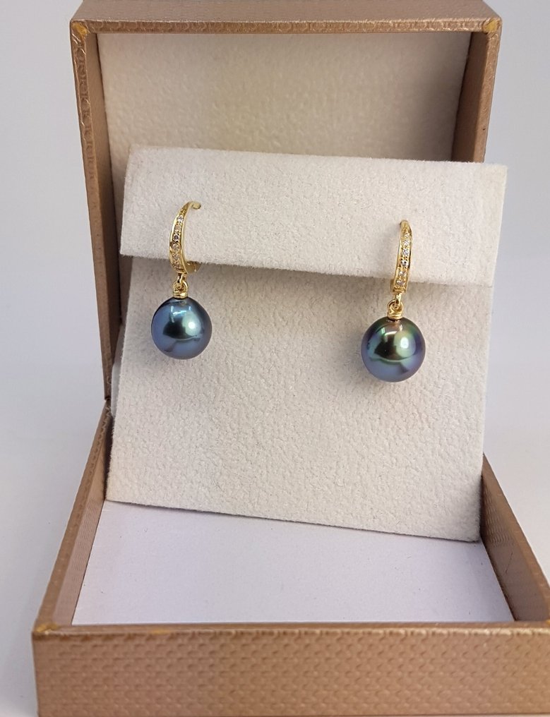 Drop fülbevaló - 14 kt. Sárga arany -  0.09ct. tw. - 9x10mm Tahiti gyöngyök #1.0