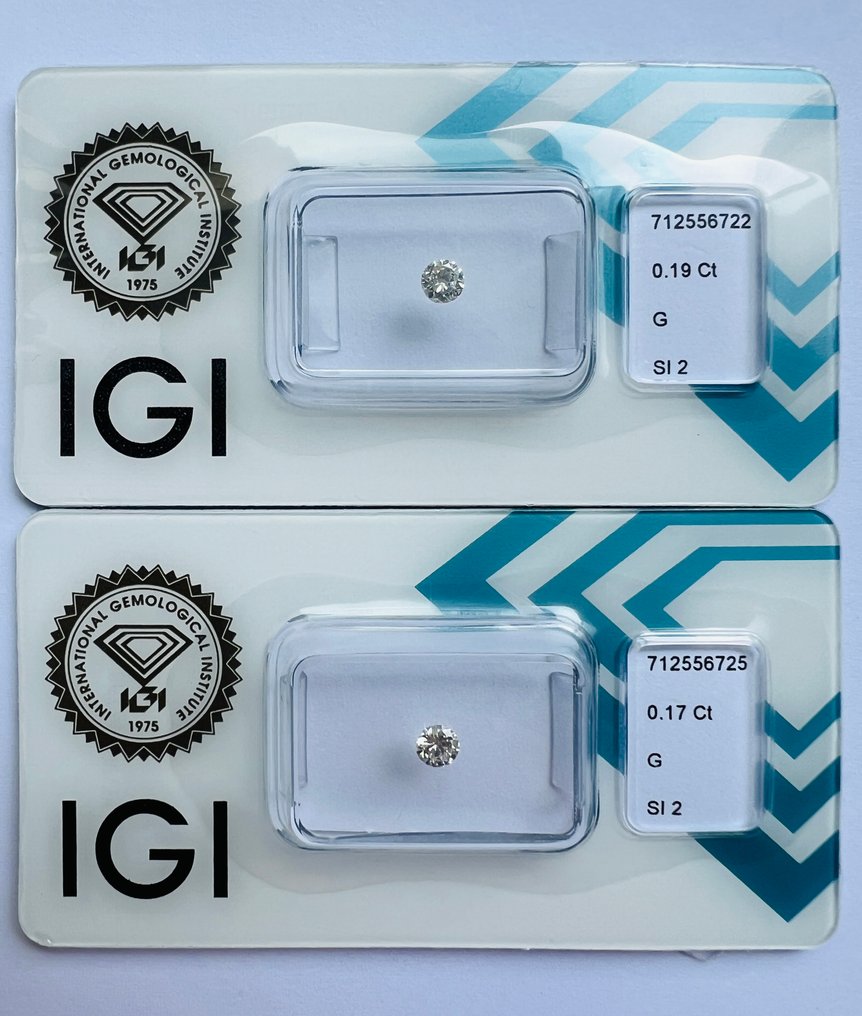 没有保留价 - 2 pcs 钻石  (天然)  - 0.36 ct - 圆形 - G - SI2 微内含二级 - 国际宝石研究院（IGI） - 匹配的对 #1.0