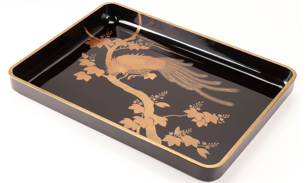 托盘 - 精美大型古董黑漆宽托盘，设计有美丽的凤凰蒔絵 - 木, 金 - 凤凰/鸟/花 #1.0