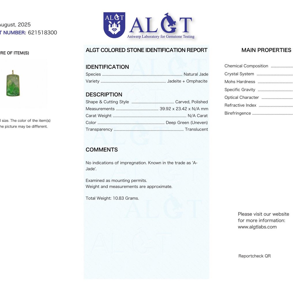 ALGT 认证 - 巨大且精湛的天然翡翠吊坠 引人注目且丰富的语调- 10.83 g #1.0