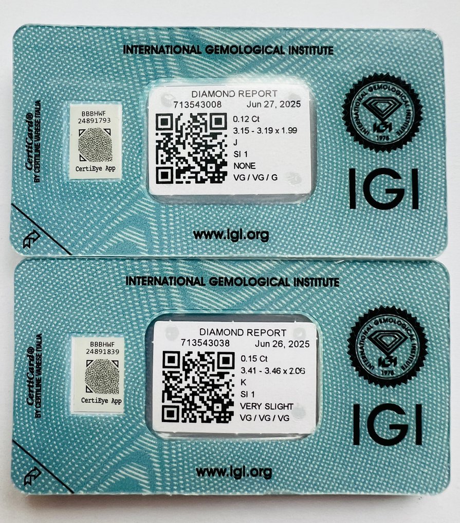 没有保留价 - 2 pcs 钻石  (天然)  - 0.27 ct - 圆形 - J, K - SI1 微内含一级 - 国际宝石研究院（IGI） - 一对 #1.0