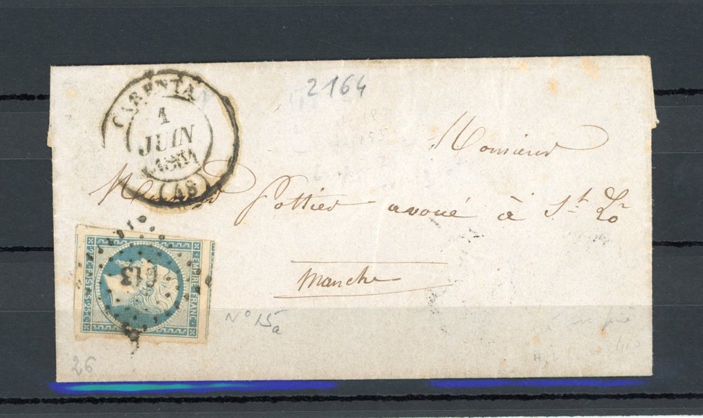 法国 1854 - 超棒的25克拉乳白蓝色，单独在信上，估价550欧元 - Yvert n°15a #1.0