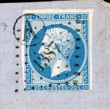 法国 1864 - 稀有邮戳A，估价950欧元，蓝色20分面值，信件用 - Yvert n°14A #1.0