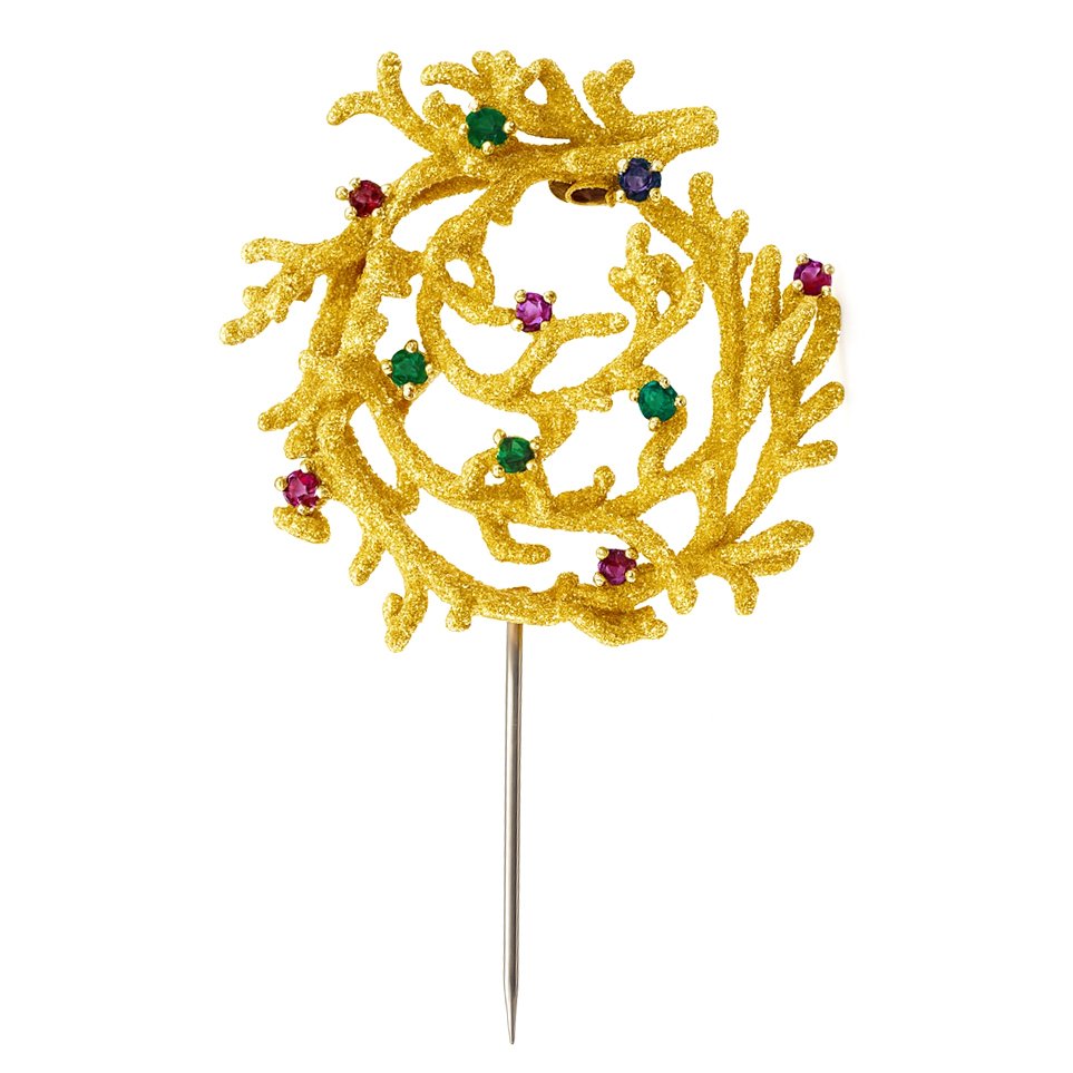 Καρφίτσα - 18 καράτια Κίτρινο χρυσό, Ρουμπίνι- Σμαράγδι - Ζαφείρι -  0.90ct. tw. #1.0