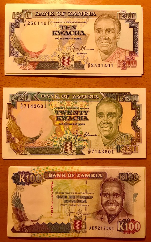 Ζάμπια. - 10 x 10, 20, 100 Kwacha ND (1989-91) - Pick 31b, 32b, 34a (χωρίς τιμή ασφαλείας) #1.0