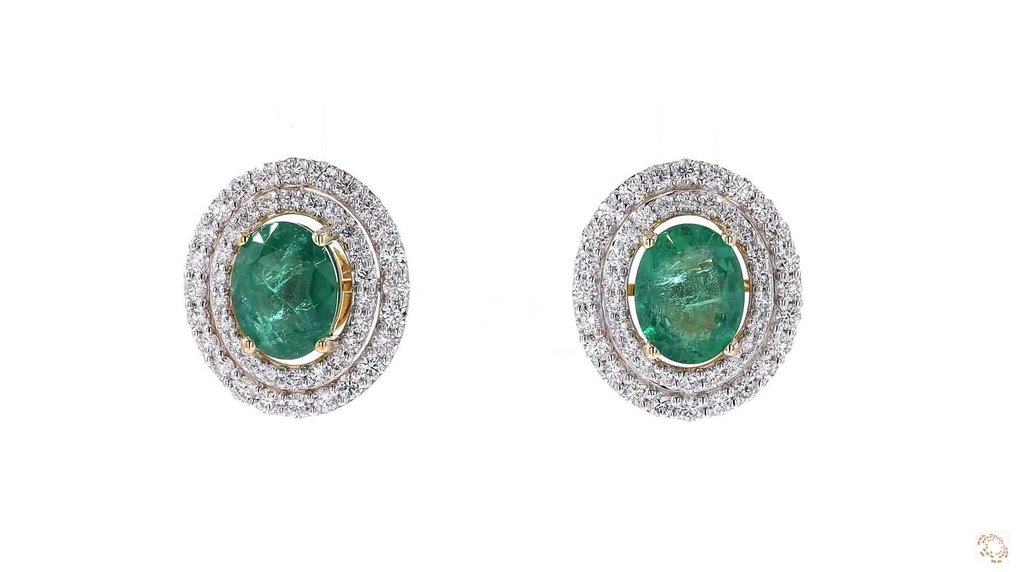 耳环 - 18K包金 黄金, 镀铑 -  5.83ct. tw. 祖母绿 - 钻石 #1.0
