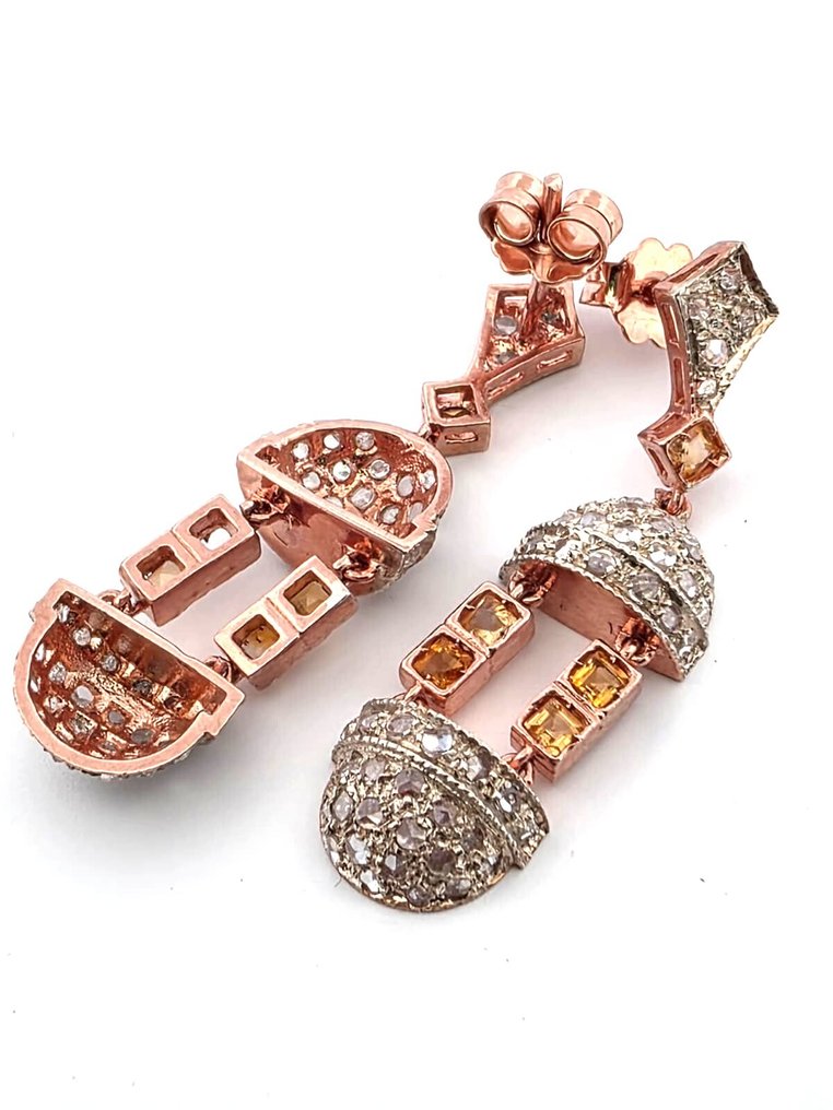 Fără preț de rezervă - Cercei - 9 kt. Aur roz, Argint Citrin - Diamant #3.2