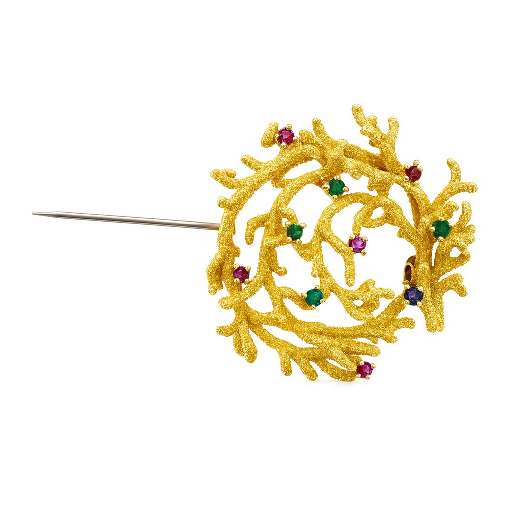 Καρφίτσα - 18 καράτια Κίτρινο χρυσό, Ρουμπίνι- Σμαράγδι - Ζαφείρι -  0.90ct. tw. #2.1