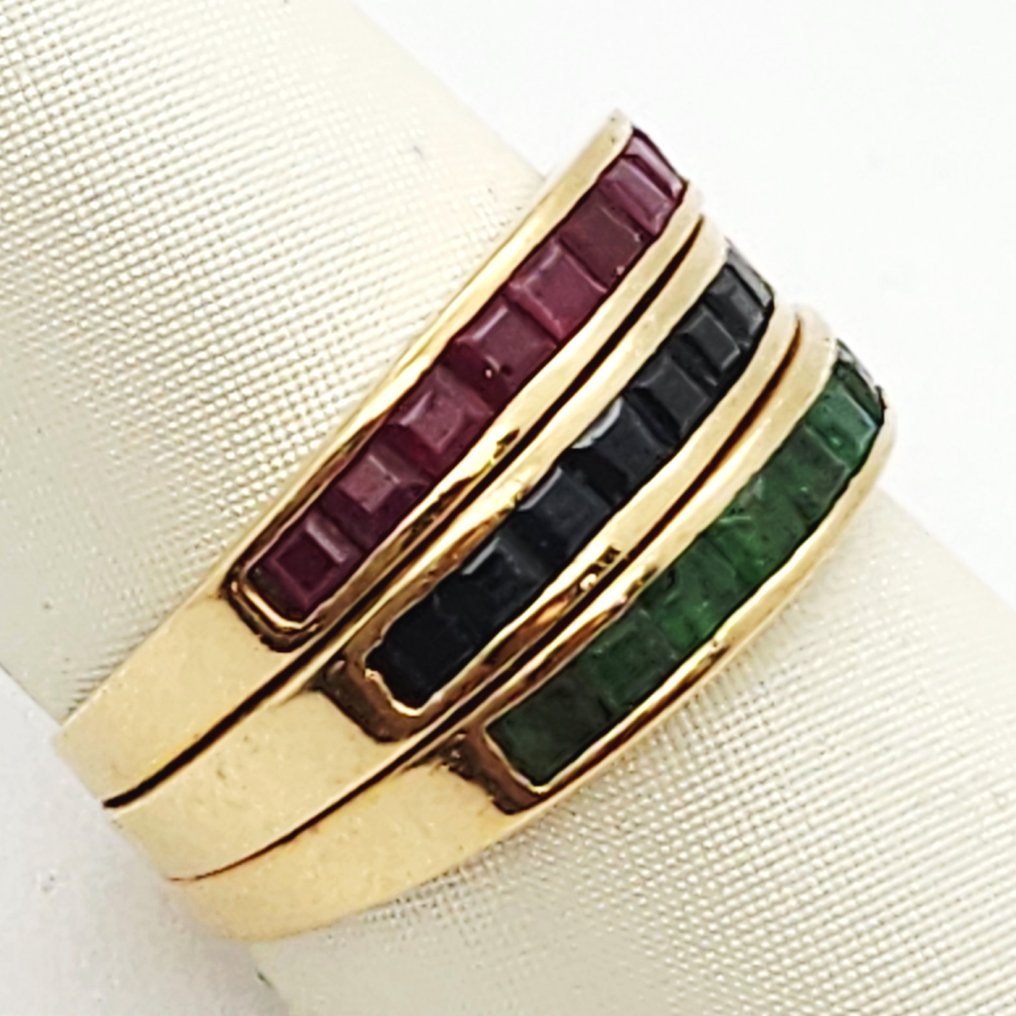 戒指 - 18K包金 黄金 -  0.45ct. tw. 红宝石 - 蓝宝石 - 翡翠 #1.0