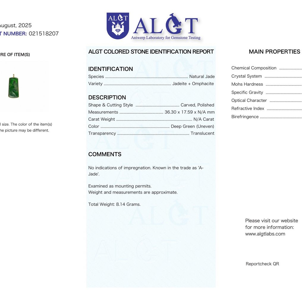 ALGT 认证 - 巨大且极为独特的天然翡翠吊坠 源自大地深处的深色调- 8.14 g #1.0