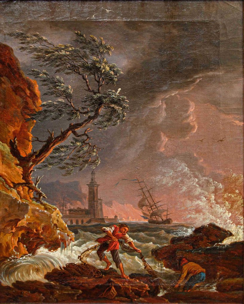 Seguace di Joseph Vernet (XVIII) - Pescatori con mare in tempesta #1.0