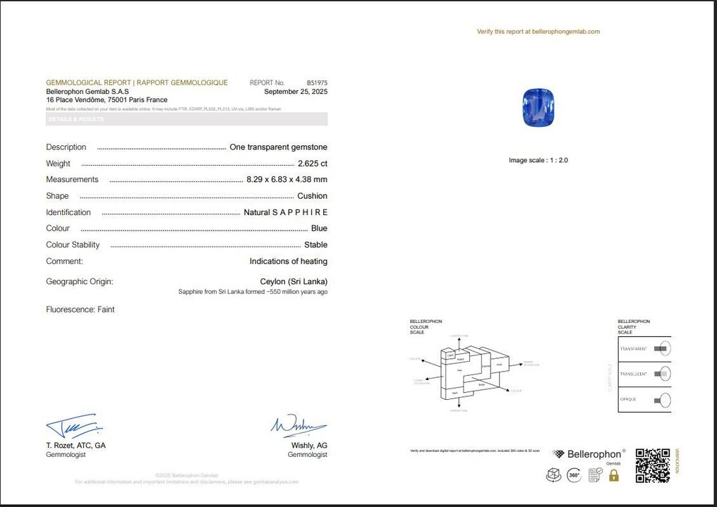 1 pcs  Blauw Saffier  - 2.63 ct - Bellerophon Gemlab - Ceylon #3.2