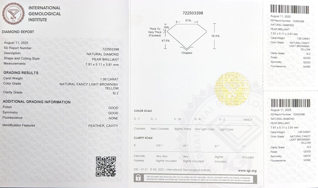没有保留价 - 1 pcs 钻石  (天然色彩的)  - 1.00 ct - 梨形 - Fancy light 稍帶棕色的 黄色 - SI2 微内含二级 - 国际宝石研究院（IGI） #1.0