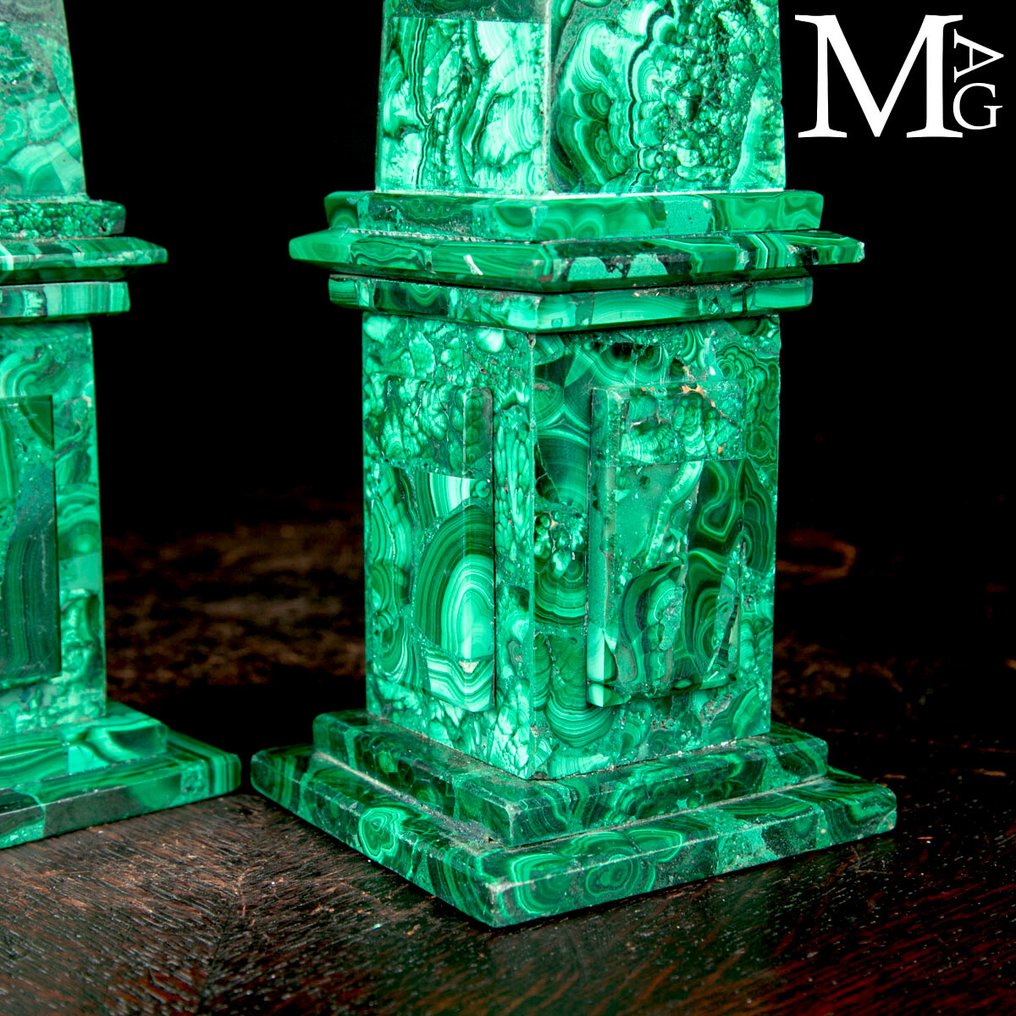 Ζεύγος μαλαχίτη οβελίσκων – Μωσαϊκό - Ύψος: 394 mm - Πλάτος: 80 mm- 2896 g #4.3