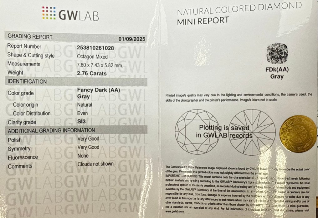 没有保留价 - 1 pcs 钻石  (天然色彩的)  - 2.76 ct - 八角形 - Fancy dark 灰色 - SI2 微内三含级 - Gemewizard宝石实验室（GWLab） #2.1