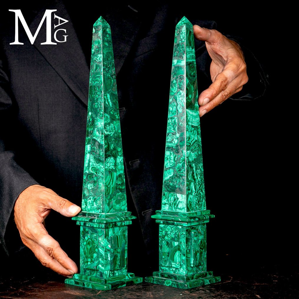 Ζεύγος μαλαχίτη οβελίσκων – Μωσαϊκό - Ύψος: 394 mm - Πλάτος: 80 mm- 2896 g #1.0