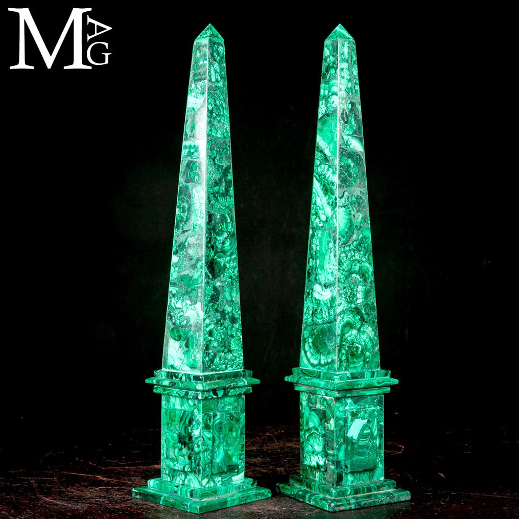 Ζεύγος μαλαχίτη οβελίσκων – Μωσαϊκό - Ύψος: 394 mm - Πλάτος: 80 mm- 2896 g #1.0