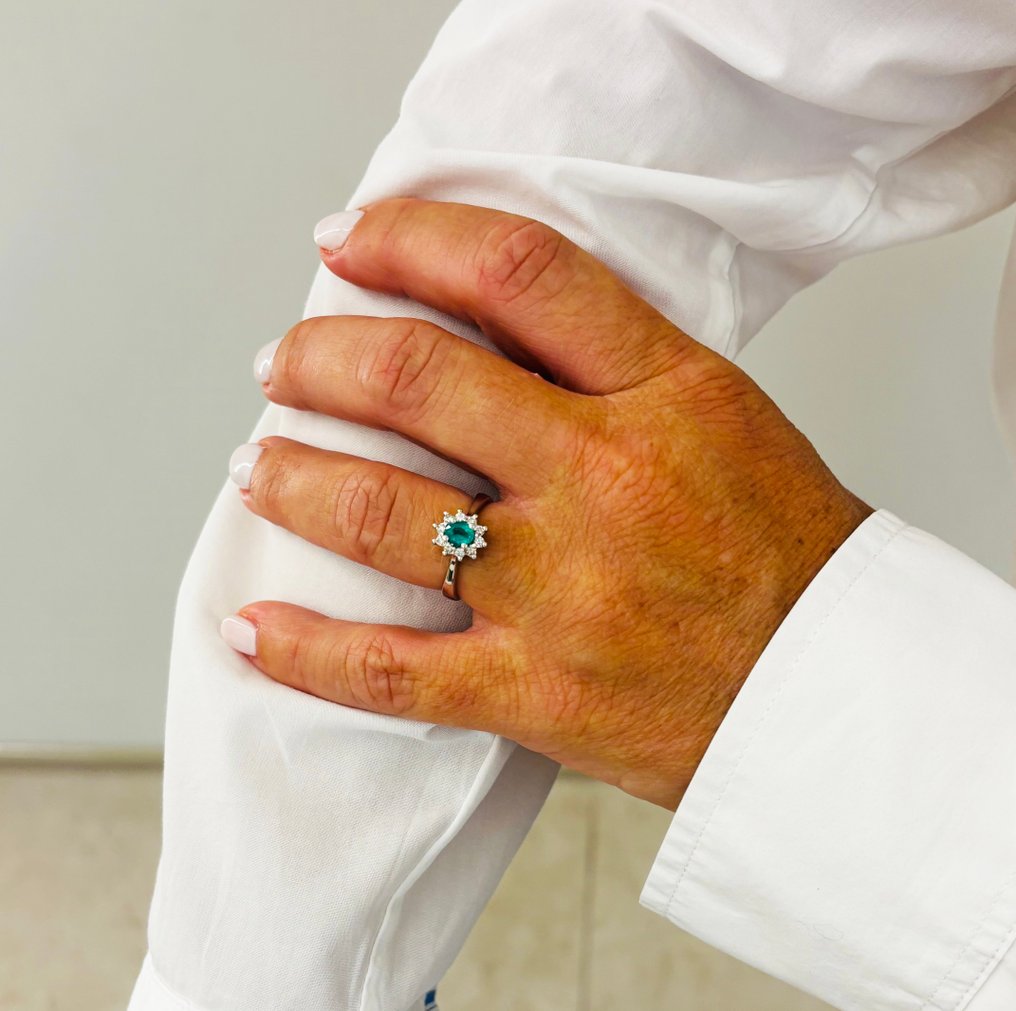 戒指 - 18K包金 白金 祖母绿 - 钻石 #1.0