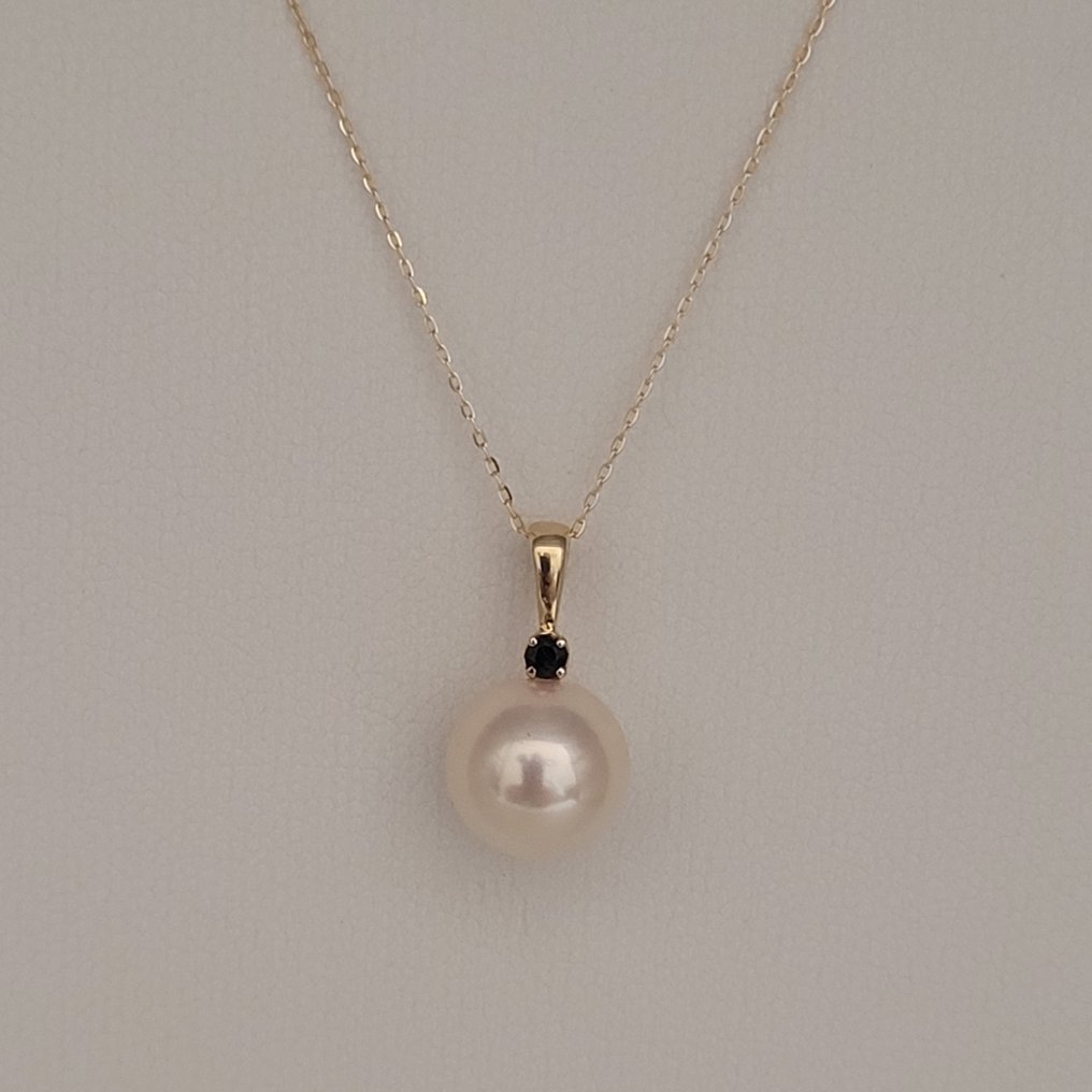 Sans prix de réserve - Pendentif - 18 carats Or jaune Perle - Saphir - Akoya 8-8,5 mm #1.0