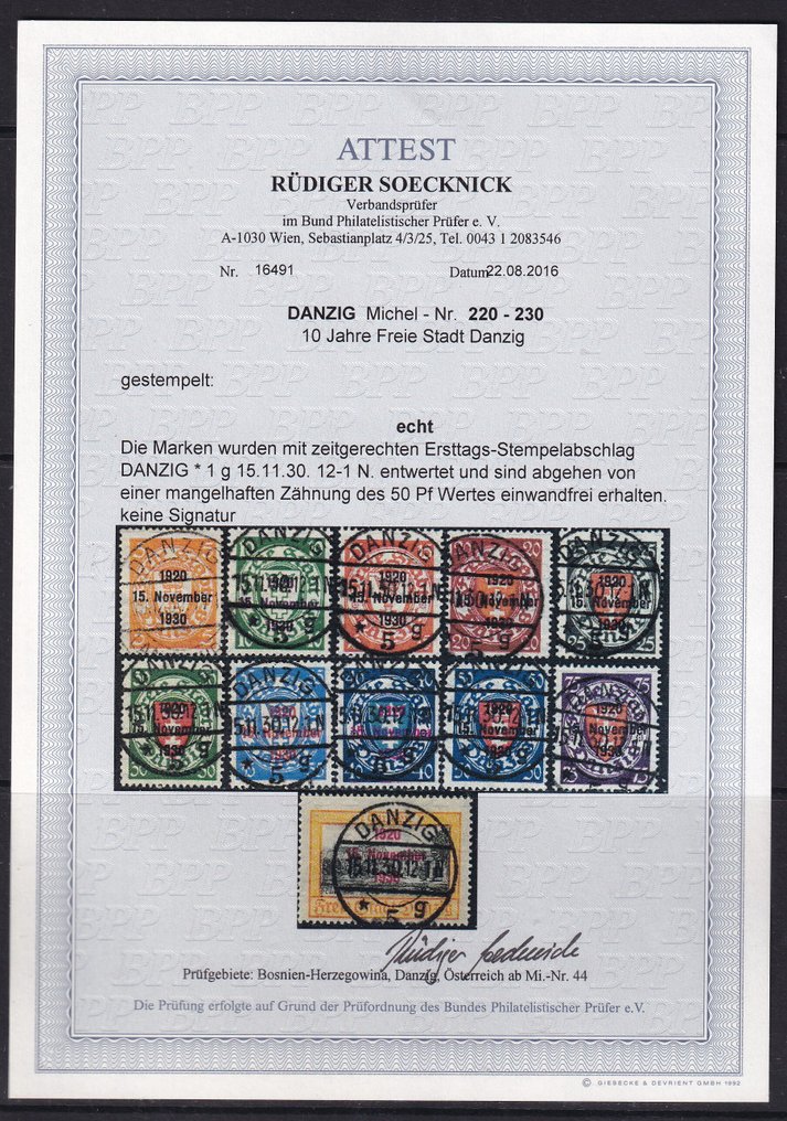 Danzig 1930 - 10 Years of Free City of Danzig. CERTIFICATE: Soecknick BPP - Michel: 220/230 #2.1