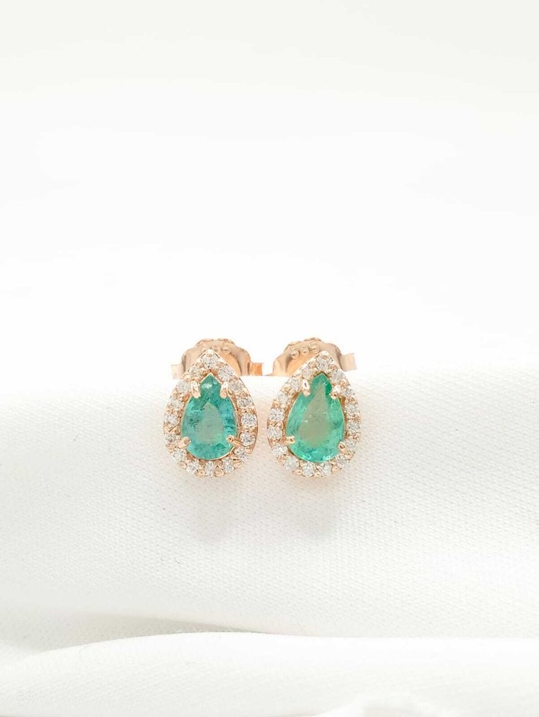 Nincs minimálár - Koktél fülbevaló - 14 kt. Rózsa arany - 1.60ct. tw. Smaragd - Gyémánt - 585 #1.0